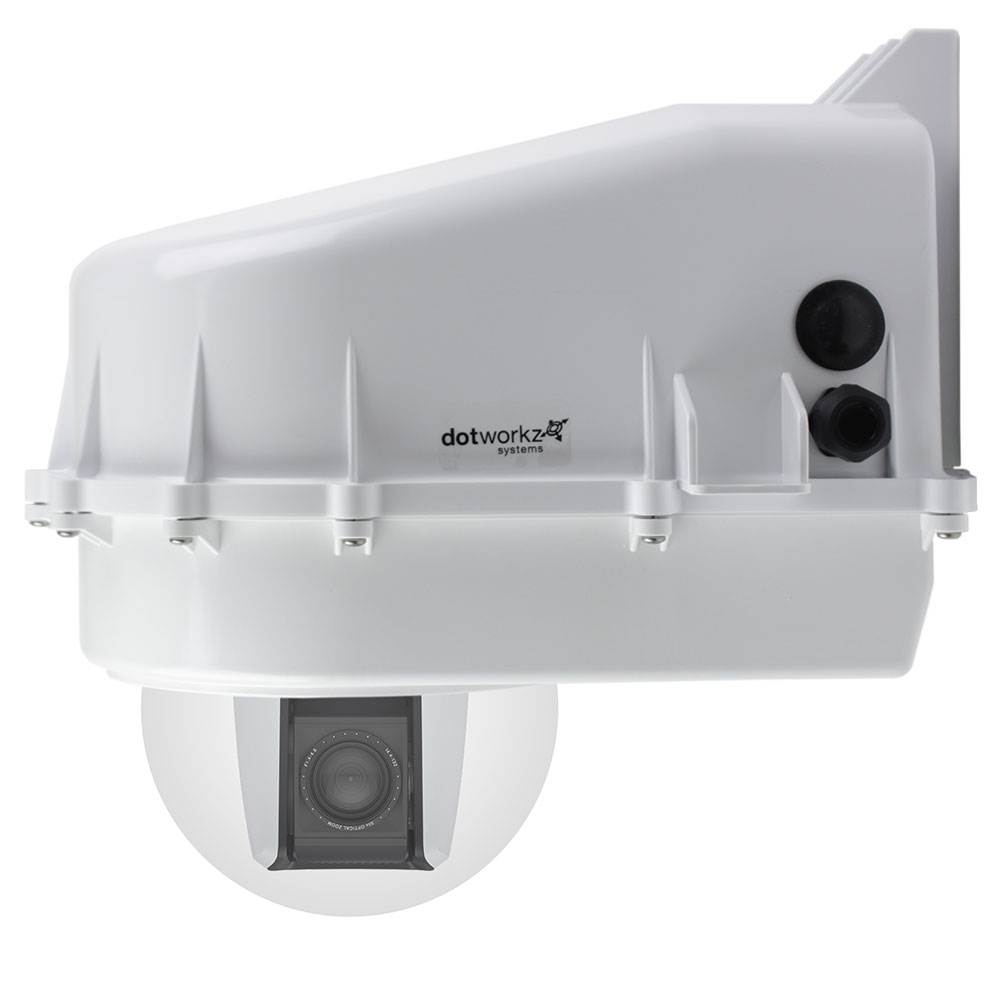 dotworkz 2021 d2 ptz camera housings with axis v59 camera and external lens mounted